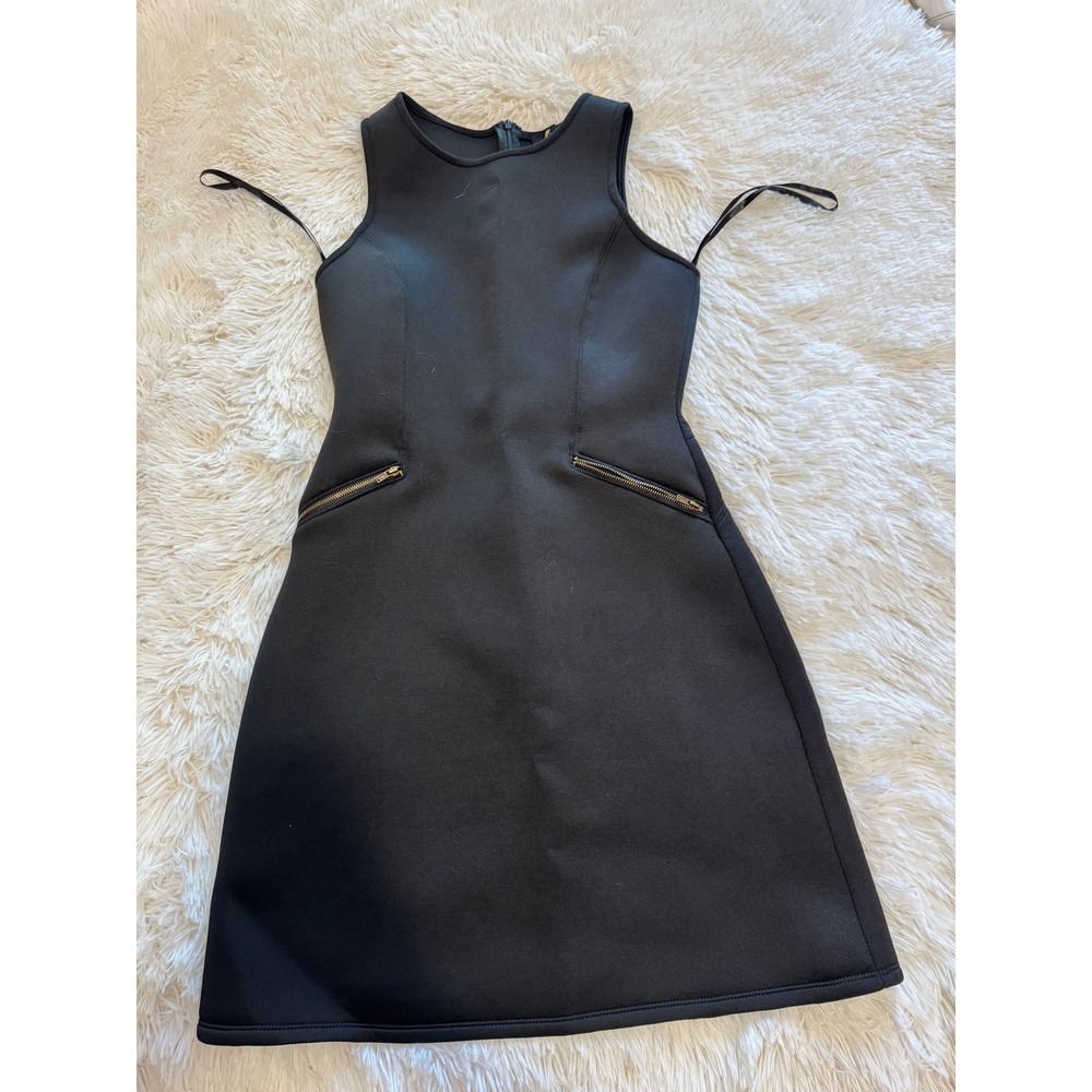 Monique Black Scuba Knit Sleeveless Mini Dress Gold Zipper Pockets Size M